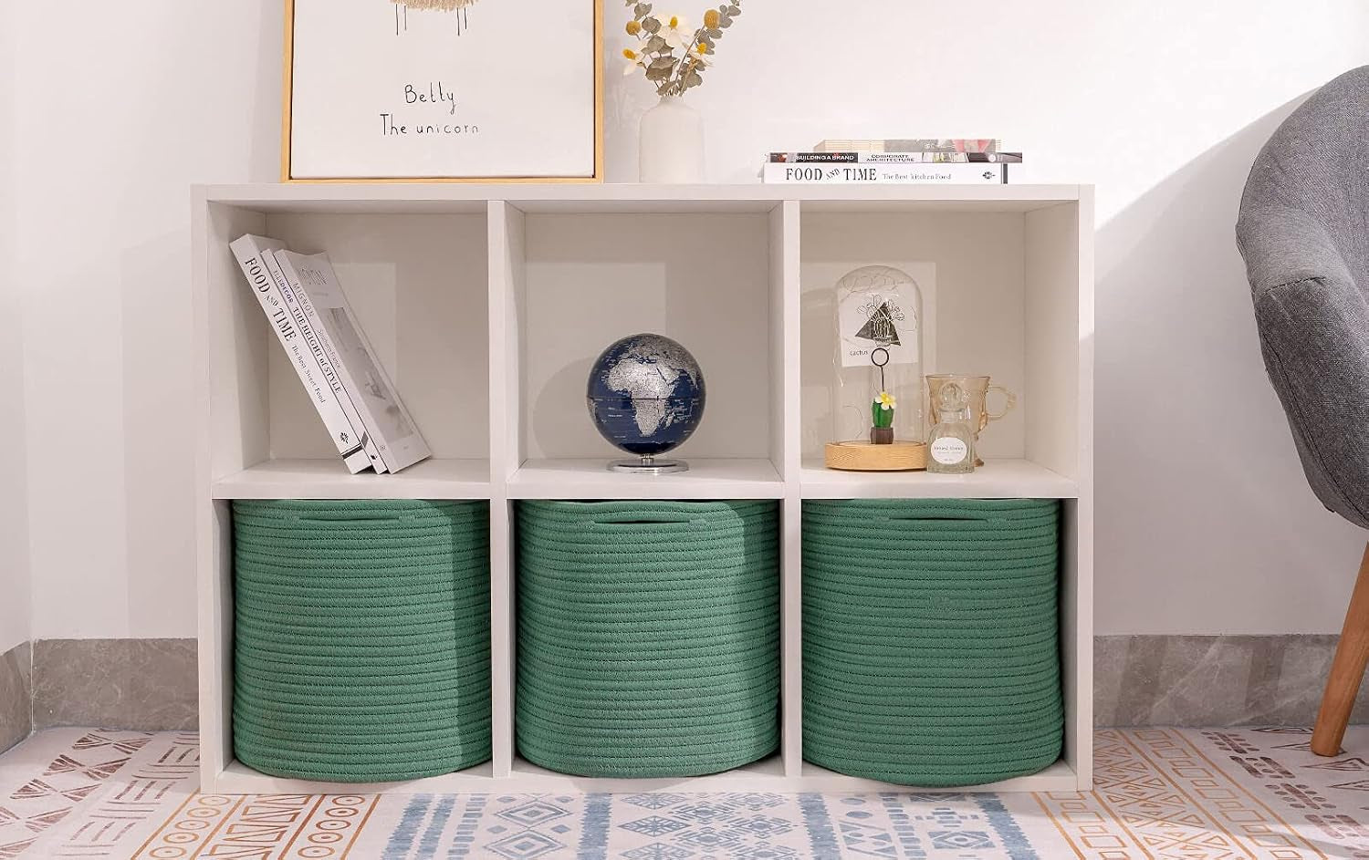 Storage Cubes Baskets Organizer - 11x11x11 Inches, Compatible with 12x12 Inch Cube Storage Organizer, Durable Woven Cotton - Set of 3 Green Bins for Organizing