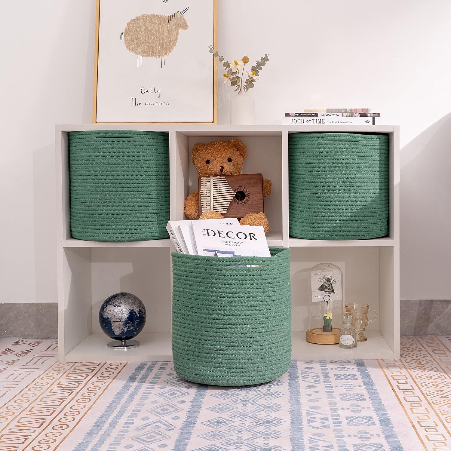 Storage Cubes Baskets Organizer - 11x11x11 Inches, Compatible with 12x12 Inch Cube Storage Organizer, Durable Woven Cotton - Set of 3 Green Bins for Organizing