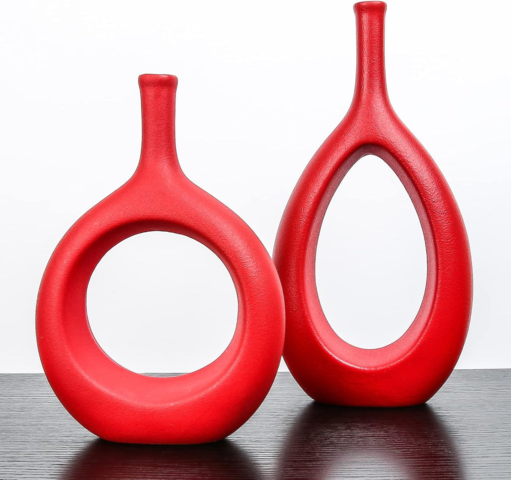 Samawi Red Ceramic Vase Set of Two - Contemporary Flower Bud Vases for Home Decor and Living Room Accents
