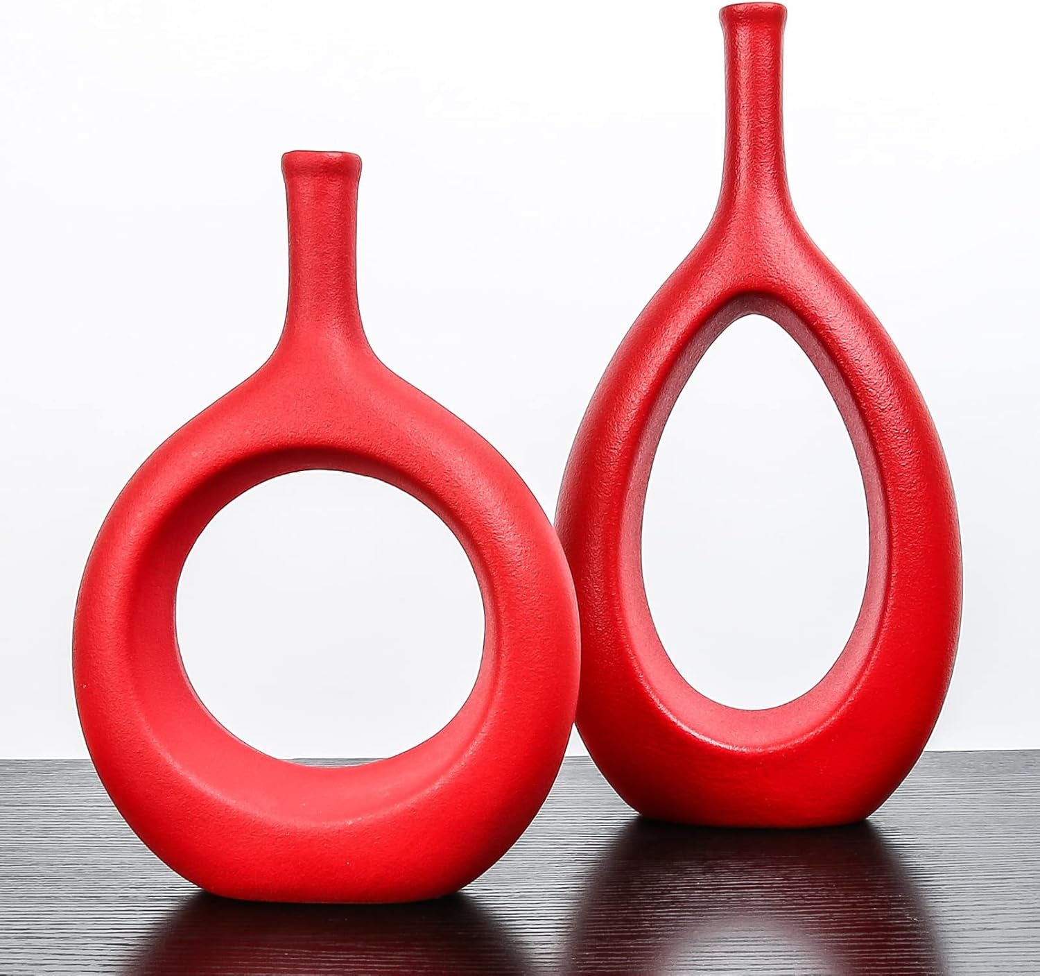 Samawi Red Ceramic Vase Set of Two - Contemporary Flower Bud Vases for Home Decor and Living Room Accents