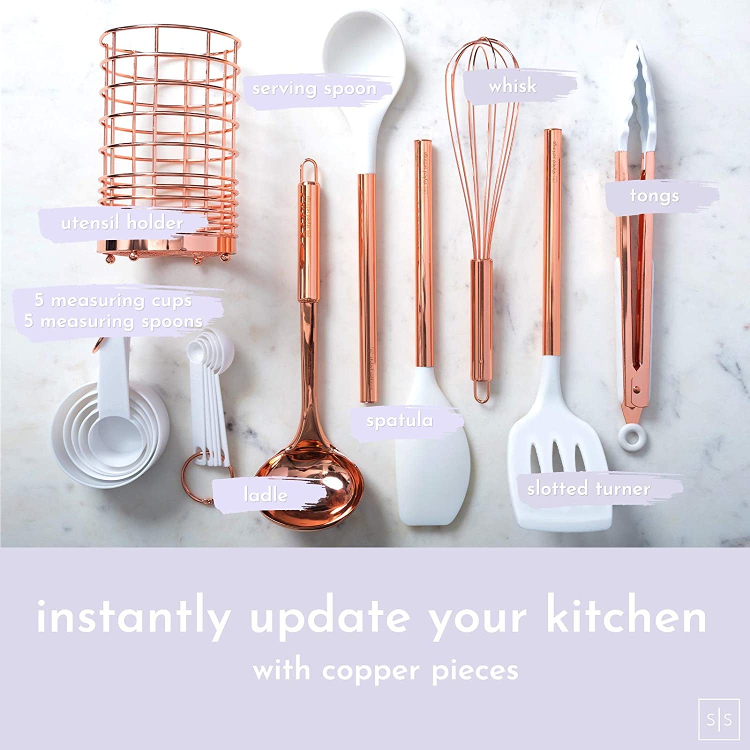 17-Piece Copper Kitchen Utensils Set with Holder | Professional Cooking Tools for Nonstick Cookware, Including Measuring Cups, Spoons, and Utensil Holder