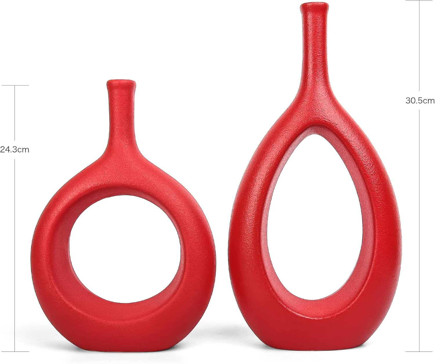 Samawi Red Ceramic Vase Set of Two - Contemporary Flower Bud Vases for Home Decor and Living Room Accents