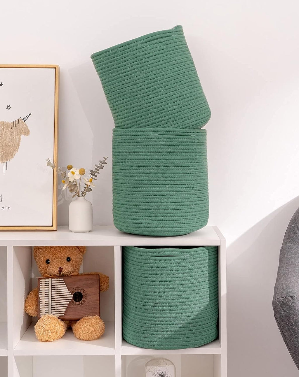 Storage Cubes Baskets Organizer - 11x11x11 Inches, Compatible with 12x12 Inch Cube Storage Organizer, Durable Woven Cotton - Set of 3 Green Bins for Organizing