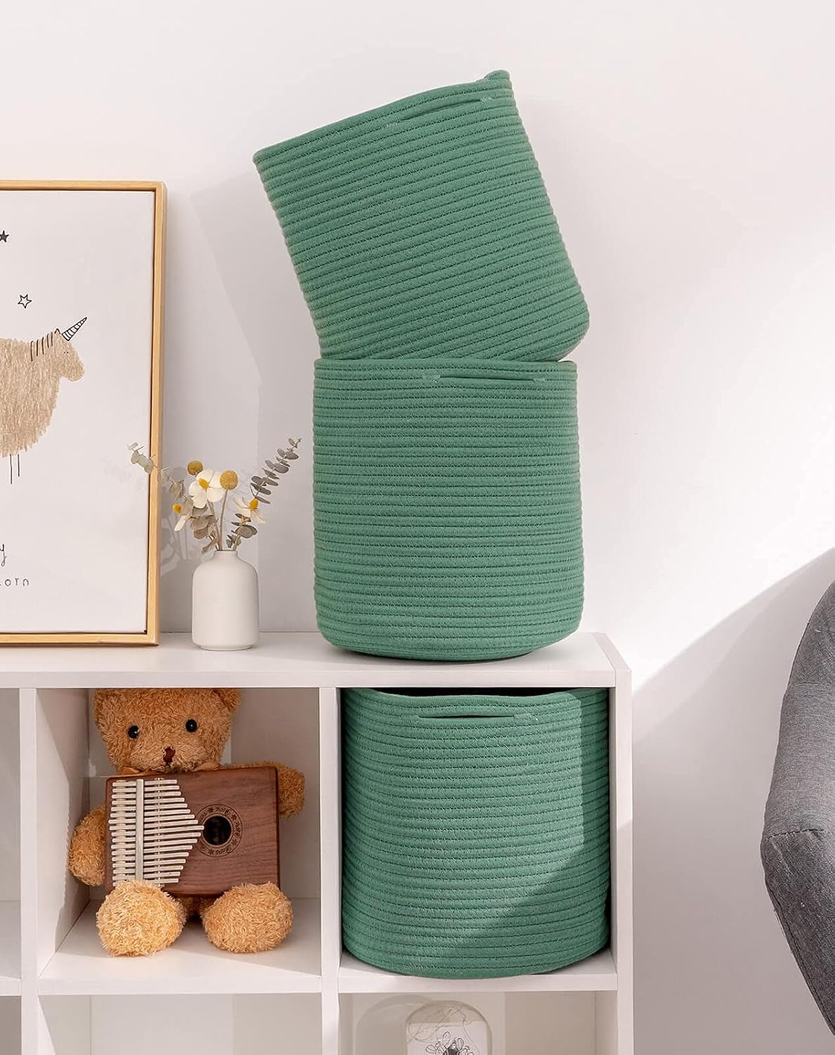 Storage Cubes Baskets Organizer - 11x11x11 Inches, Compatible with 12x12 Inch Cube Storage Organizer, Durable Woven Cotton - Set of 3 Green Bins for Organizing