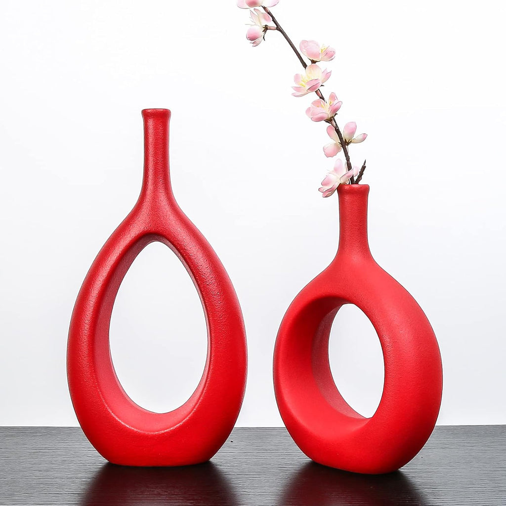 Samawi Red Ceramic Vase Set of Two - Contemporary Flower Bud Vases for Home Decor and Living Room Accents