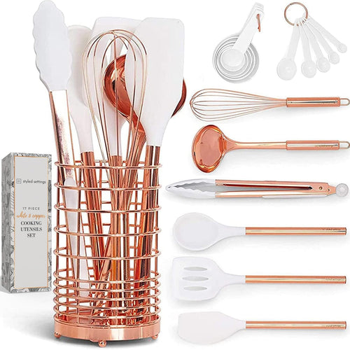 17-Piece Copper Kitchen Utensils Set with Holder | Professional Cooking Tools for Nonstick Cookware, Including Measuring Cups, Spoons, and Utensil Holder