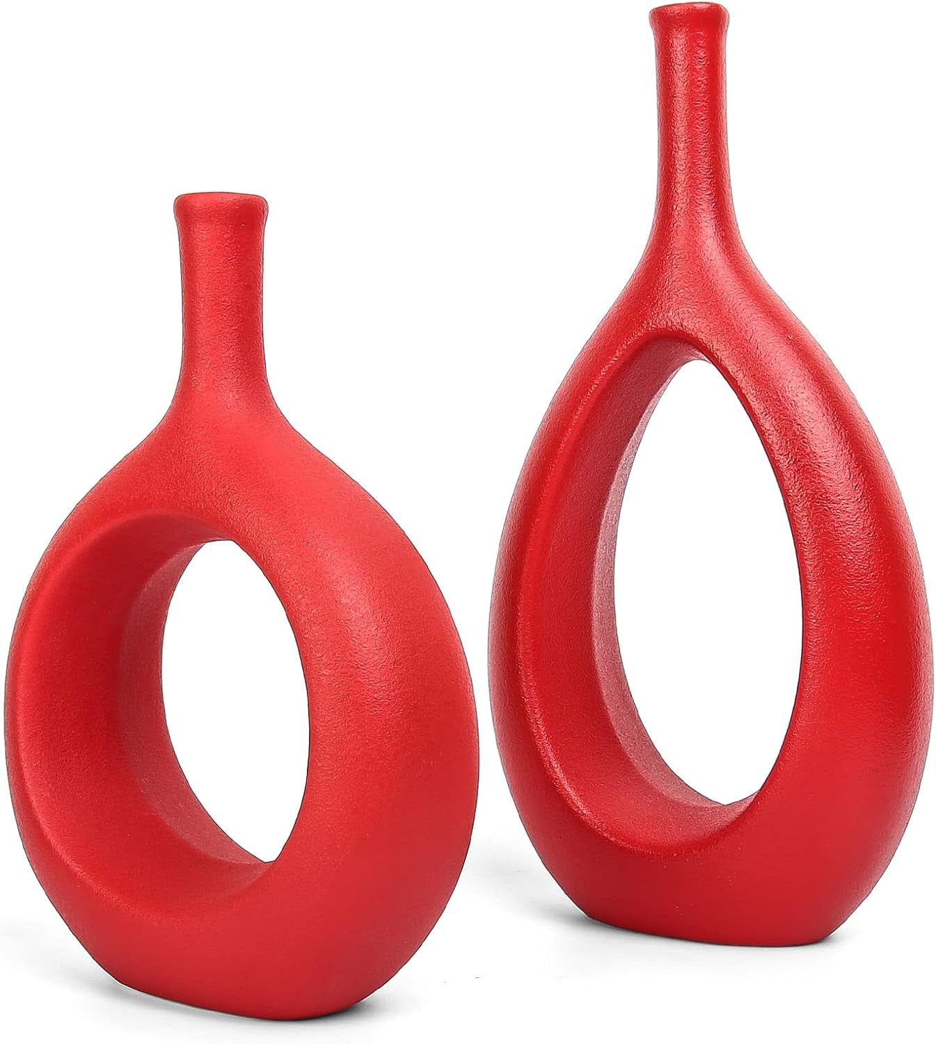 Samawi Red Ceramic Vase Set of Two - Contemporary Flower Bud Vases for Home Decor and Living Room Accents