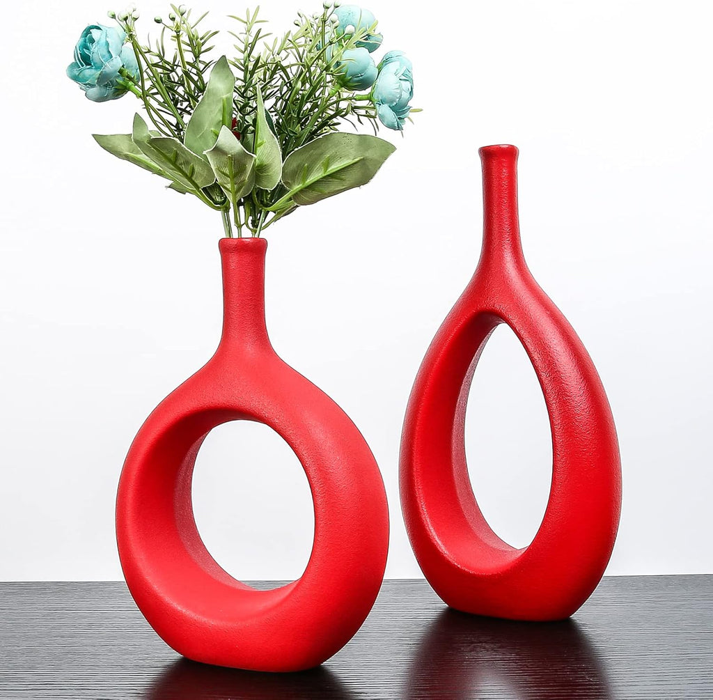 Samawi Red Ceramic Vase Set of Two - Contemporary Flower Bud Vases for Home Decor and Living Room Accents