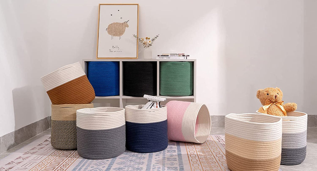 Storage Cubes Baskets Organizer - 11x11x11 Inches, Compatible with 12x12 Inch Cube Storage Organizer, Durable Woven Cotton - Set of 3 Green Bins for Organizing