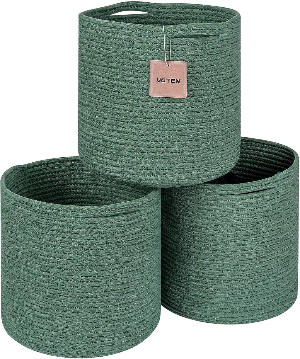 Storage Cubes Baskets Organizer - 11x11x11 Inches, Compatible with 12x12 Inch Cube Storage Organizer, Durable Woven Cotton - Set of 3 Green Bins for Organizing