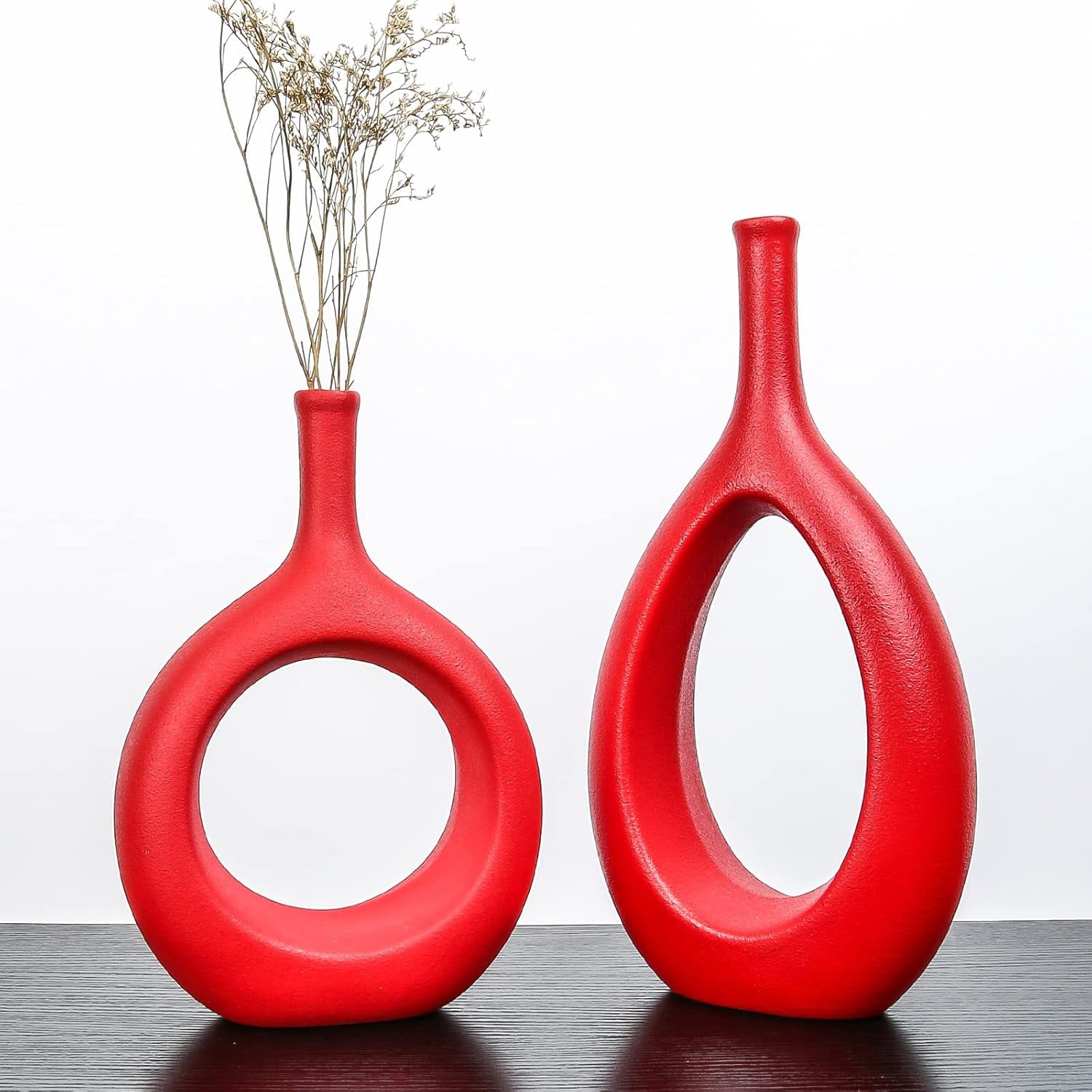 Samawi Red Ceramic Vase Set of Two - Contemporary Flower Bud Vases for Home Decor and Living Room Accents
